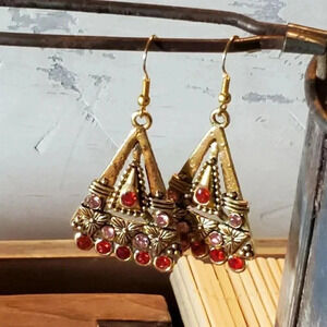 Art Deco Egyptian Style Red Pink Austrian Crystal Carved Gold Triangle Earrings